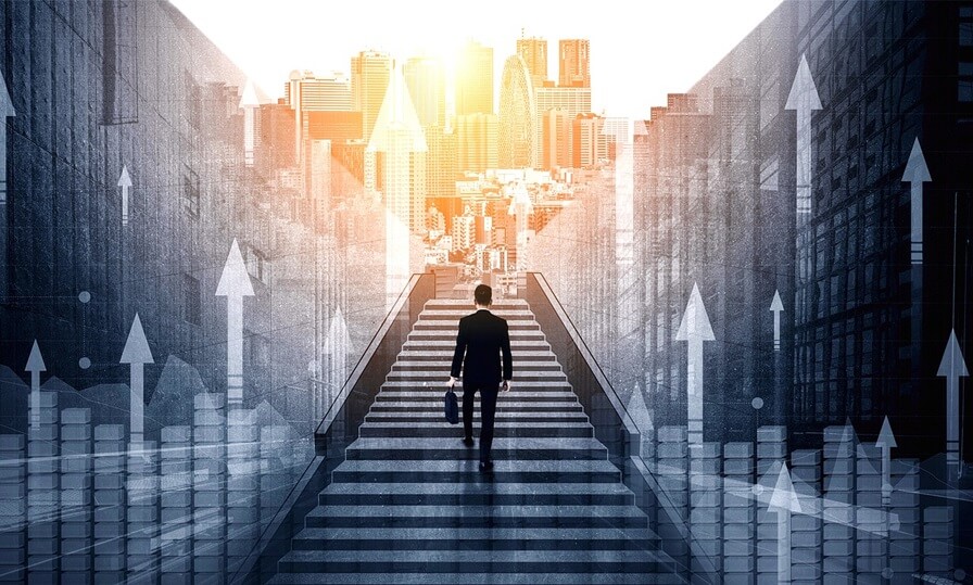 Men walking up an infinite staircase as an illustration to walking through the growth phase of a company